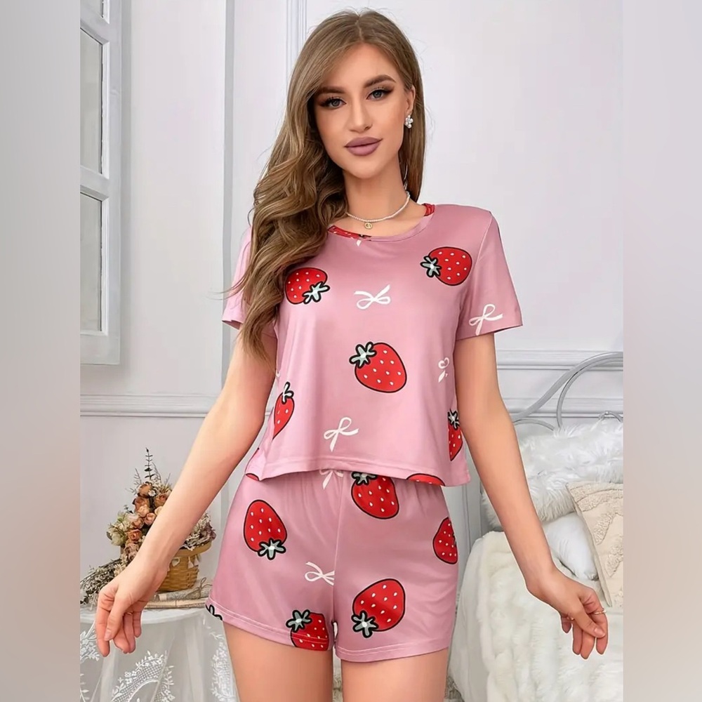 Strawberry Pajamas Short Sleeves Shorts Pants Pink Red White Women’s Size XL - Picture 2 of 10